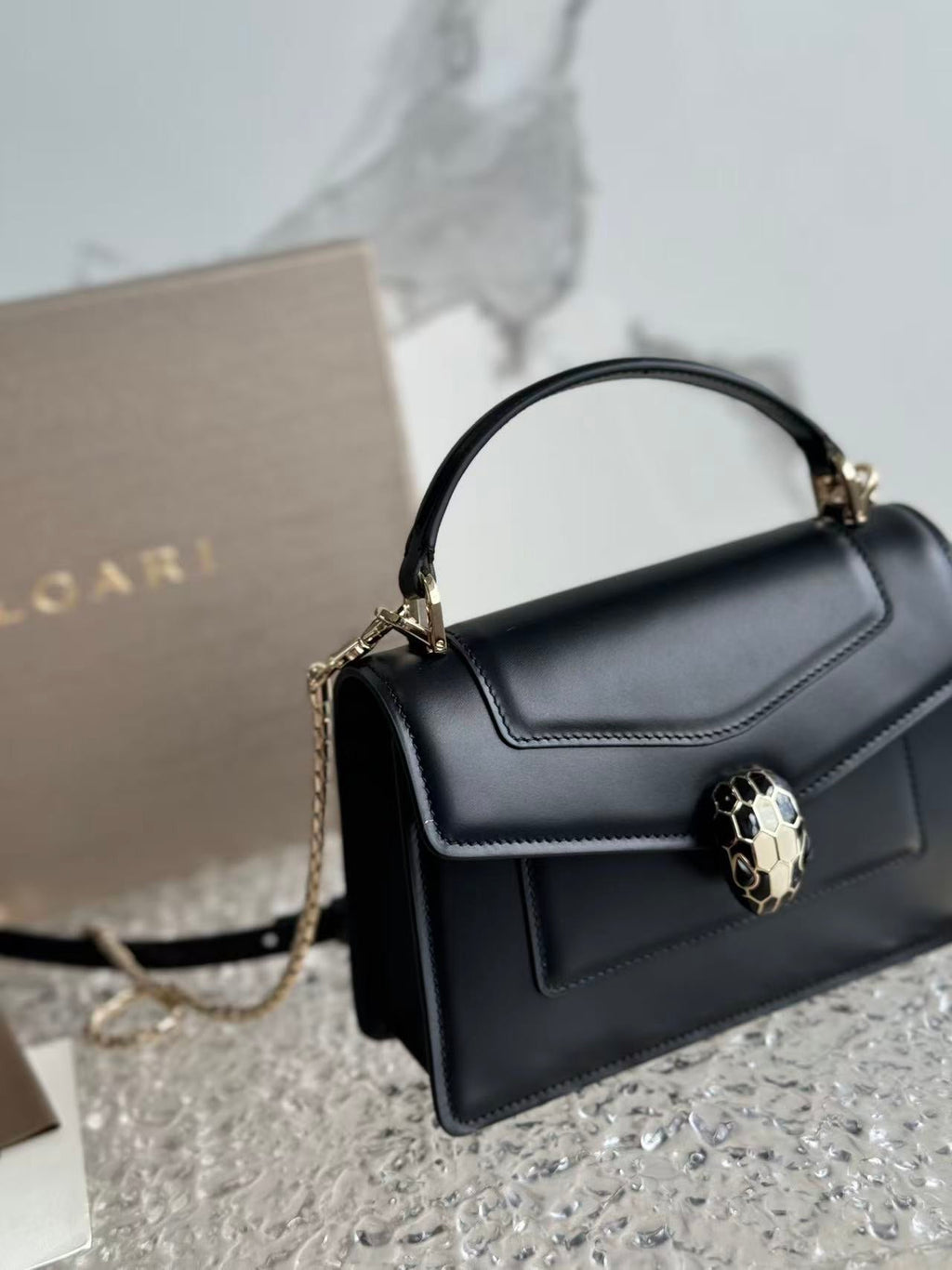 BULGARI SERPENTI FOREVER TOP 19 HANDLE BAG IN BLACK CALFSKIN GOLD HARDWARE