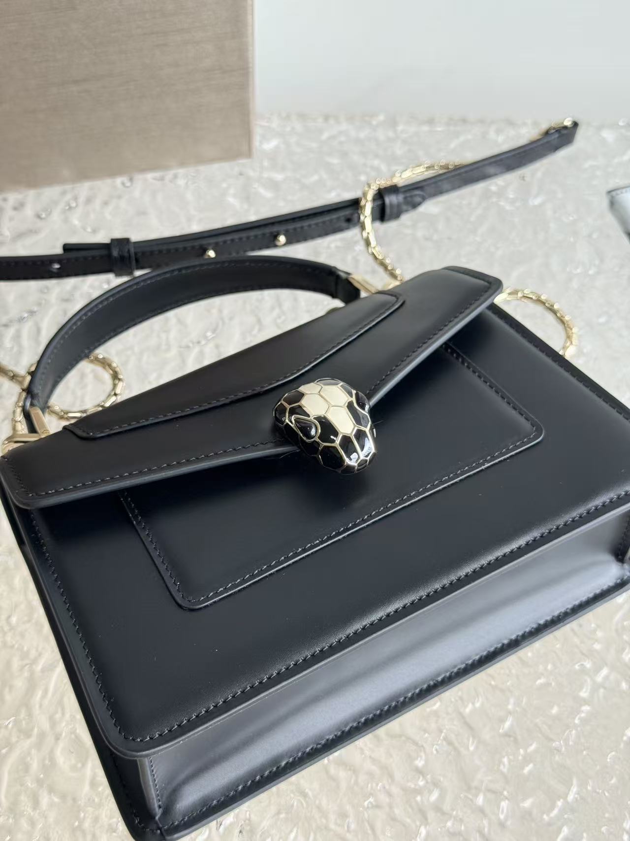 BULGARI SERPENTI FOREVER TOP 19 HANDLE BAG IN BLACK CALFSKIN GOLD HARDWARE