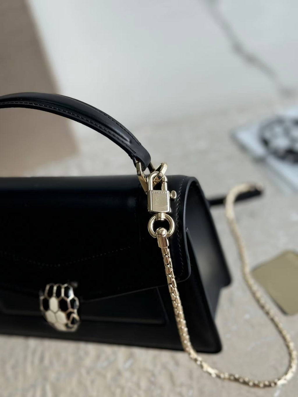 BULGARI SERPENTI FOREVER TOP 19 HANDLE BAG IN BLACK CALFSKIN GOLD HARDWARE