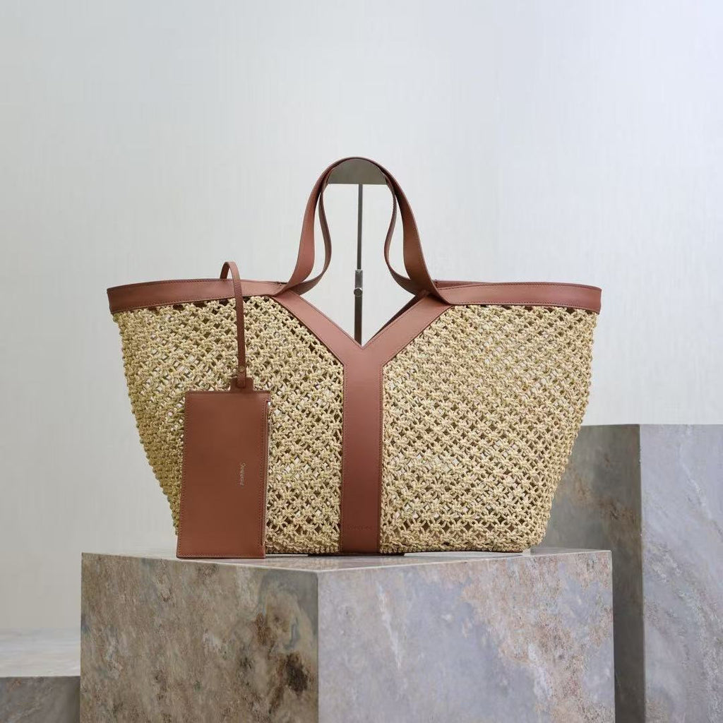 YSL Y TOTE 50 IN BEIGE RAFFIA GOLD HARDWARE