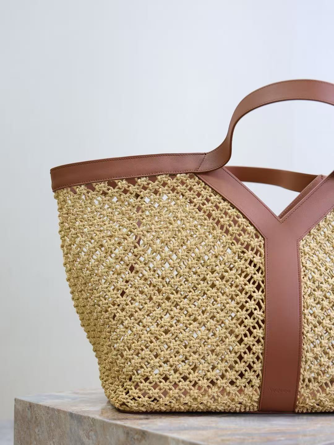 YSL Y TOTE 50 IN BEIGE RAFFIA GOLD HARDWARE