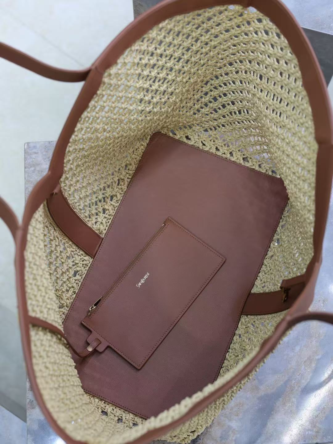 YSL Y TOTE 50 IN BEIGE RAFFIA GOLD HARDWARE