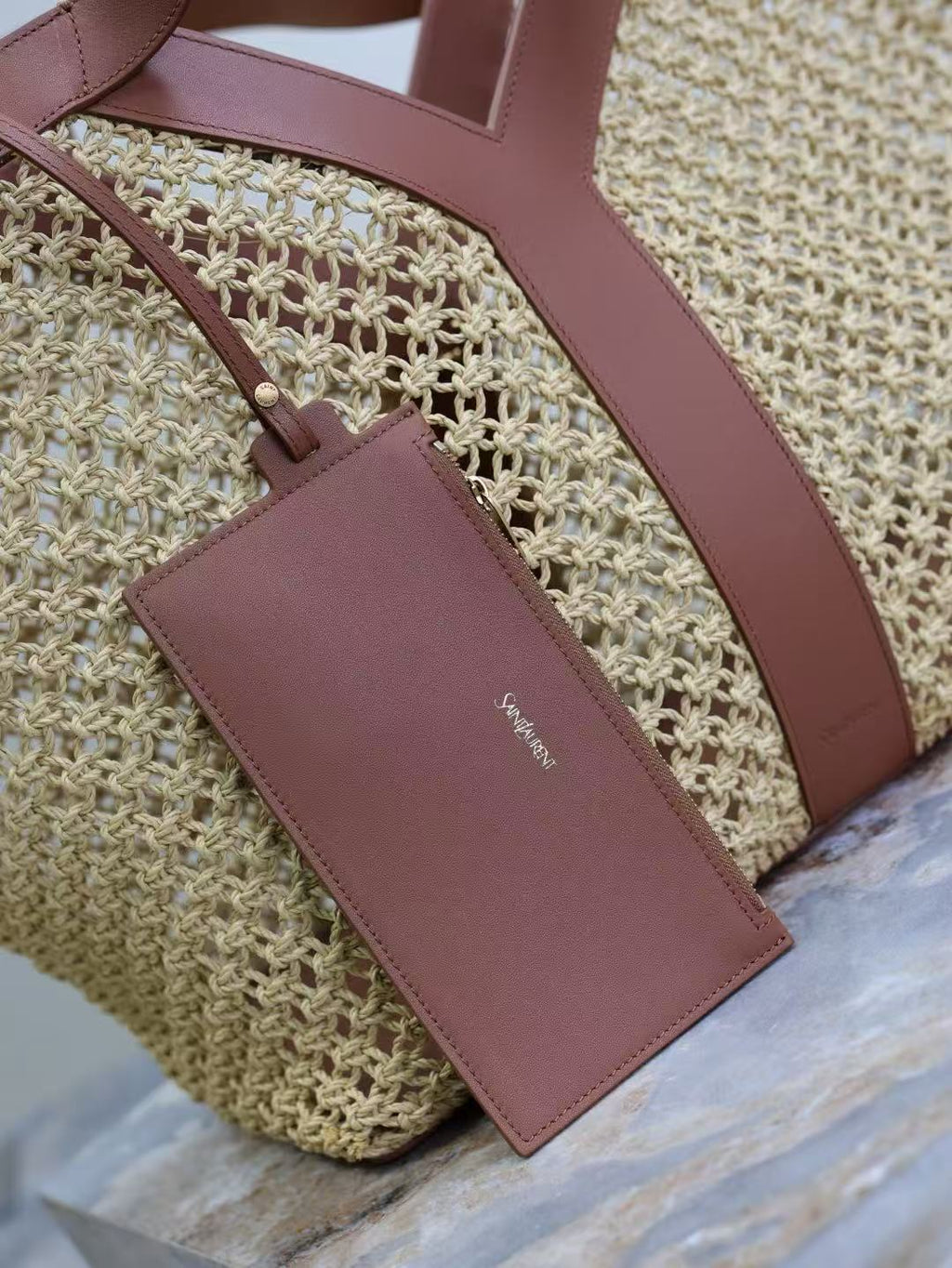 YSL Y TOTE 50 IN BEIGE RAFFIA GOLD HARDWARE
