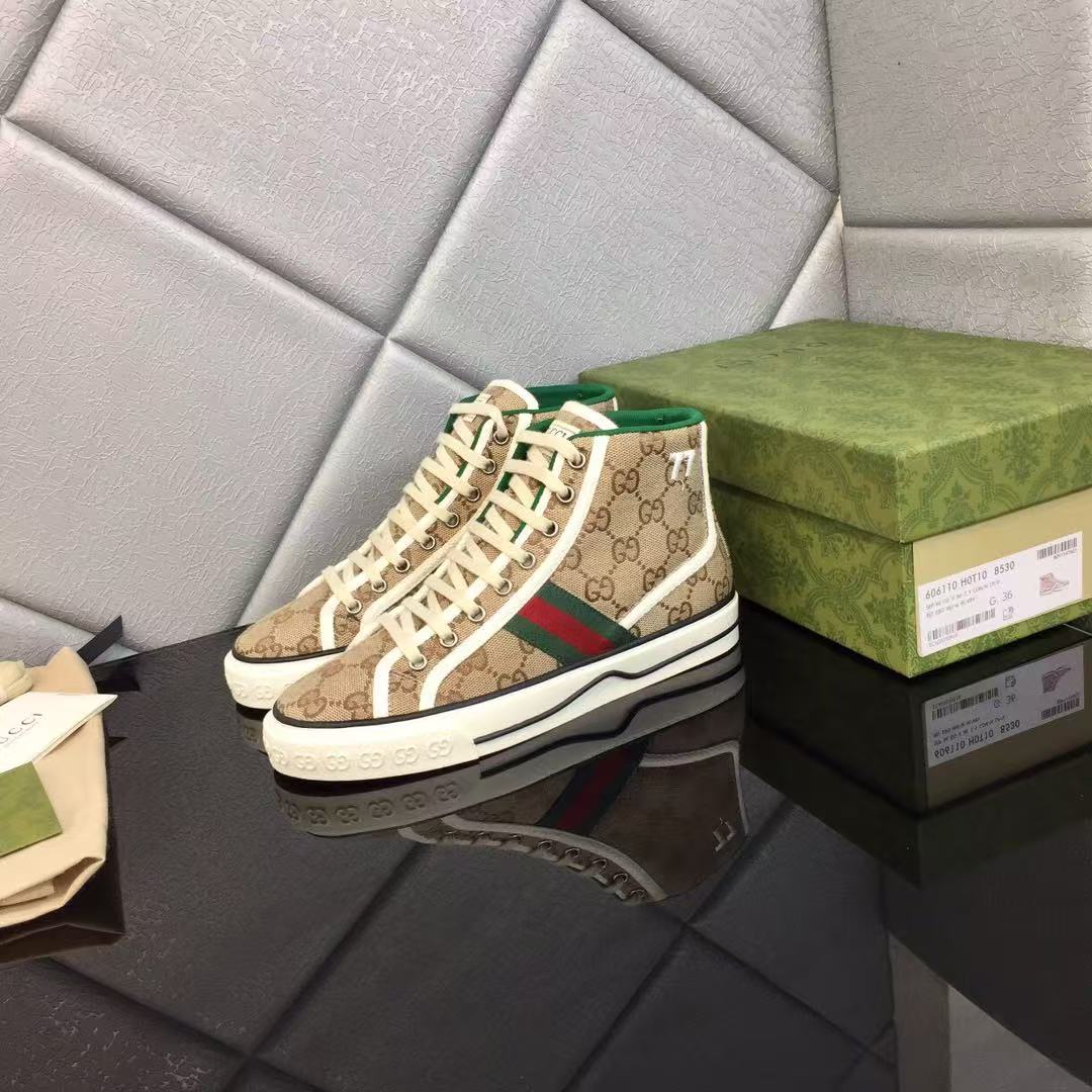 GUCCI TENNIS HIGH-TOP SNEAKERS IN BEIGE GG CANVAS