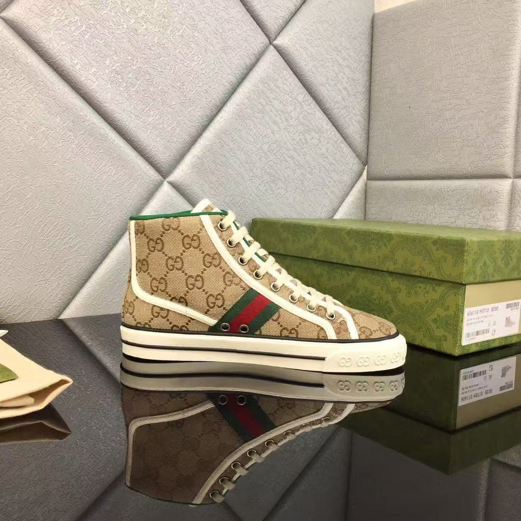 GUCCI TENNIS HIGH-TOP SNEAKERS IN BEIGE GG CANVAS