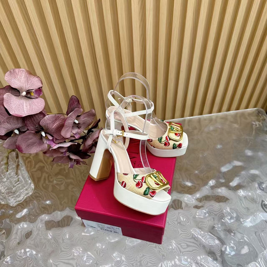 VALENTINO GARAVANI VLOGO CHERRY ANKLE-STRAP SANDALS IN WHITE CALFSKIN