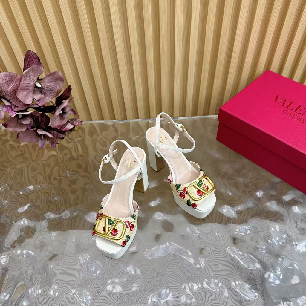 VALENTINO GARAVANI VLOGO CHERRY ANKLE-STRAP SANDALS IN WHITE CALFSKIN
