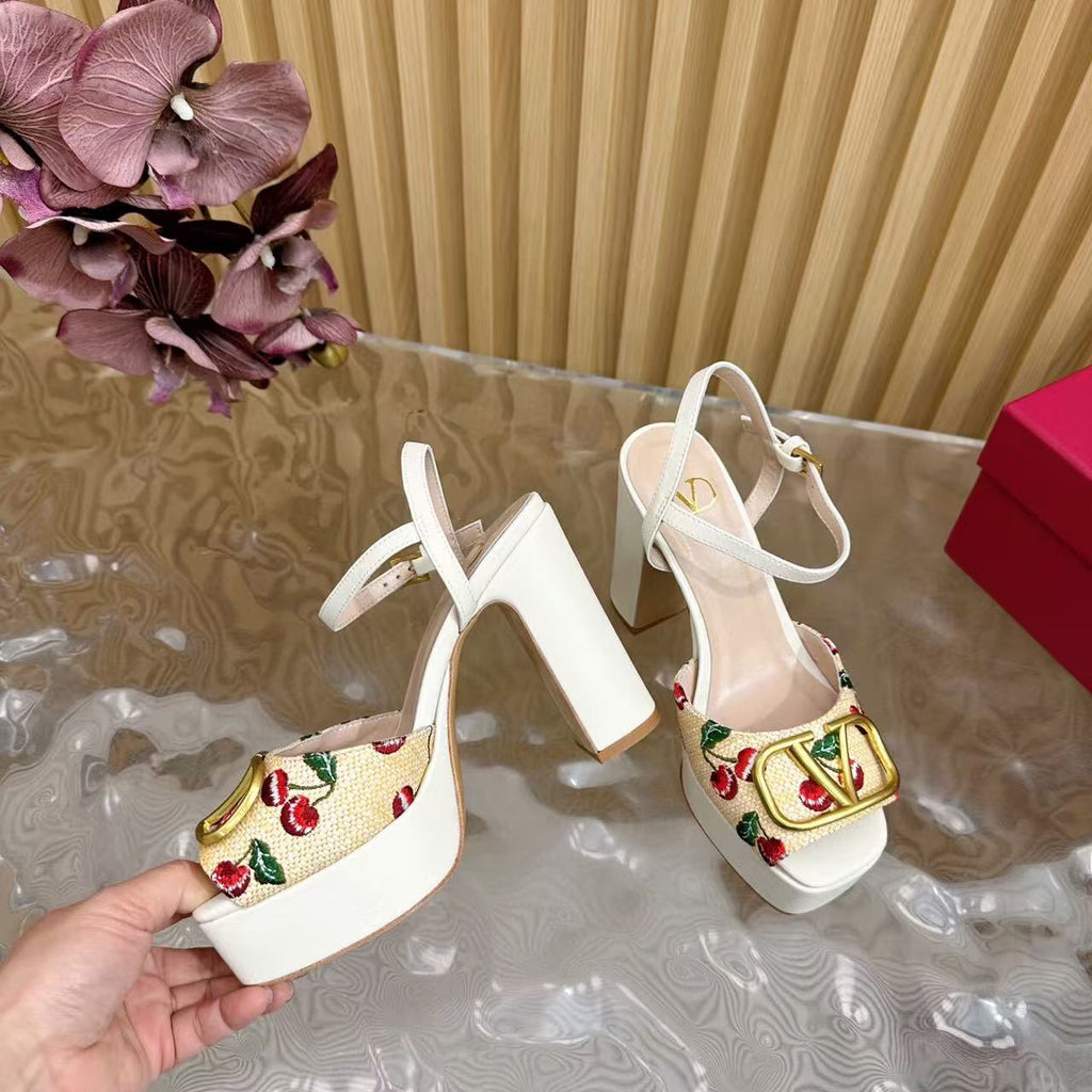 VALENTINO GARAVANI VLOGO CHERRY ANKLE-STRAP SANDALS IN WHITE CALFSKIN