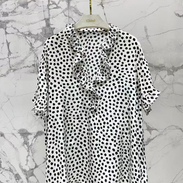 CHLOE RUFFLED BLOUSE IN BLACK AND WHITE DOT PATTERN