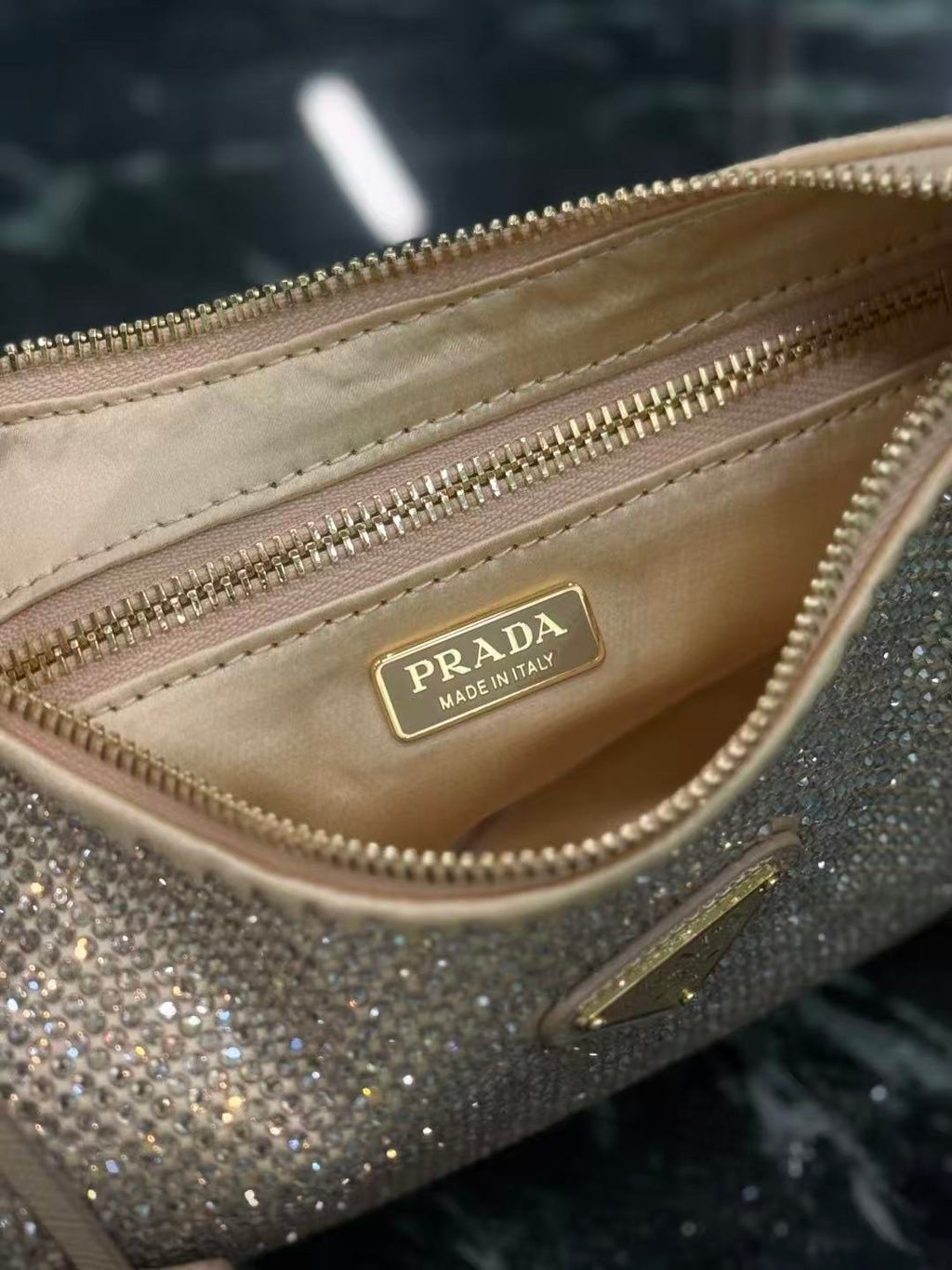 PRADA RE-EDITION 22 BAG IN BEIGE STUDDED CRYSTAL