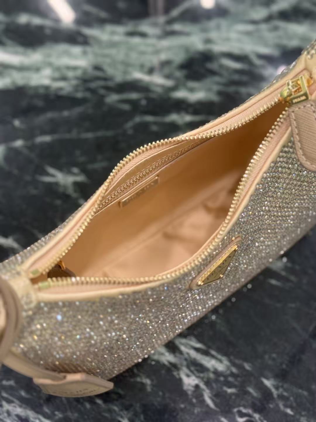 PRADA RE-EDITION 22 BAG IN BEIGE STUDDED CRYSTAL