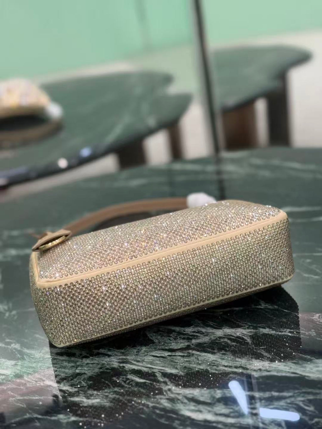 PRADA RE-EDITION 22 BAG IN BEIGE STUDDED CRYSTAL