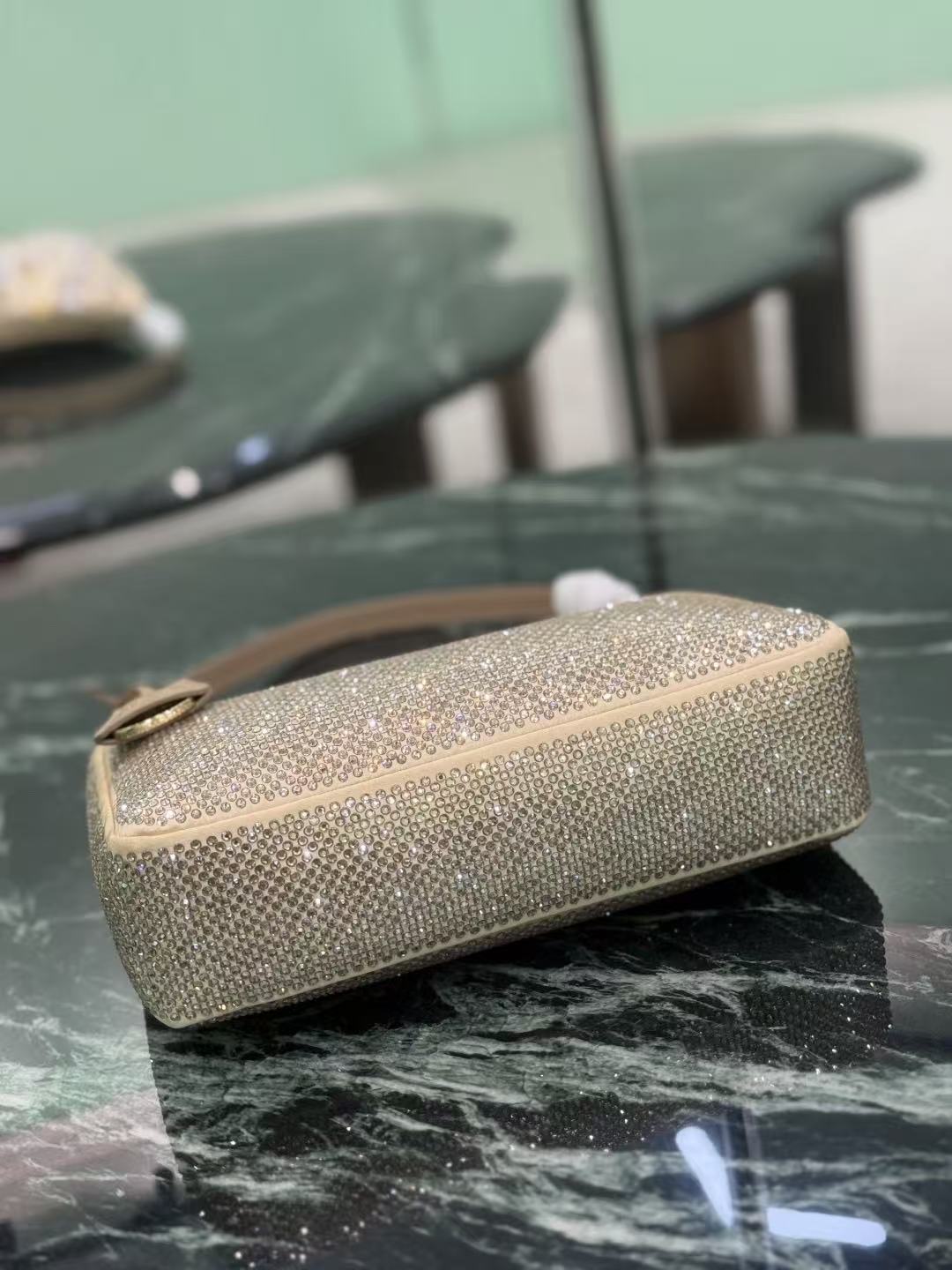 PRADA RE-EDITION 22 BAG IN BEIGE STUDDED CRYSTAL