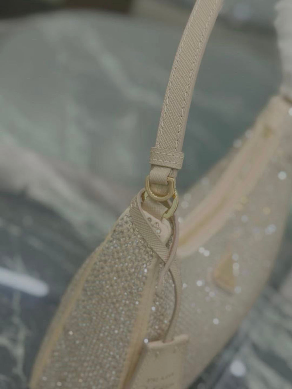 PRADA RE-EDITION 22 BAG IN BEIGE STUDDED CRYSTAL