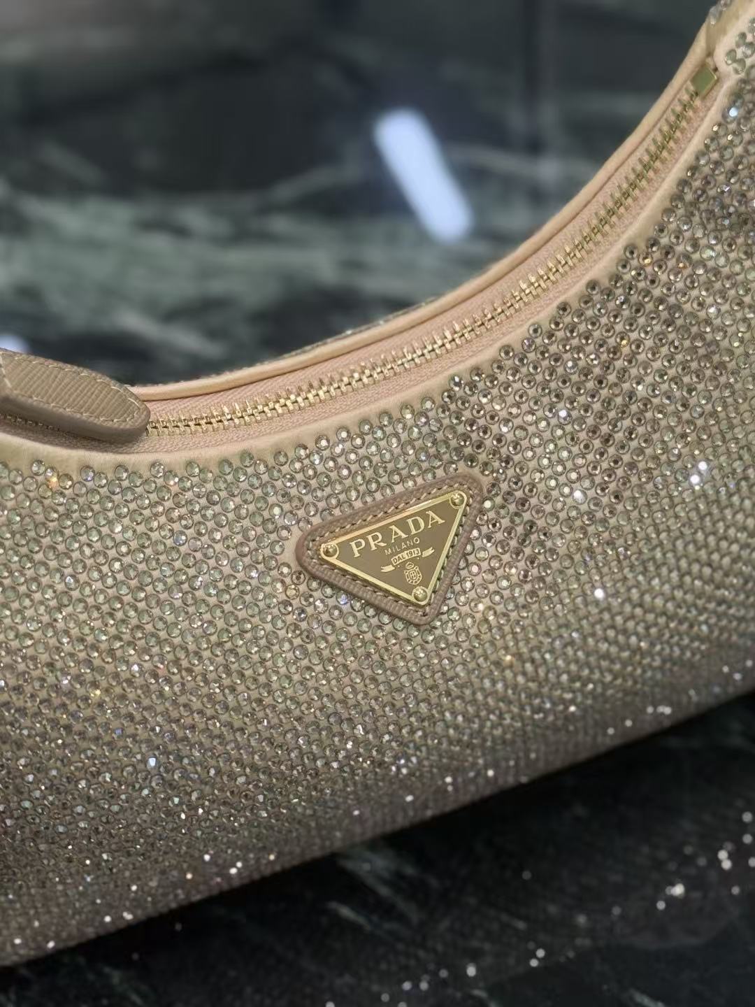 PRADA RE-EDITION 22 BAG IN BEIGE STUDDED CRYSTAL