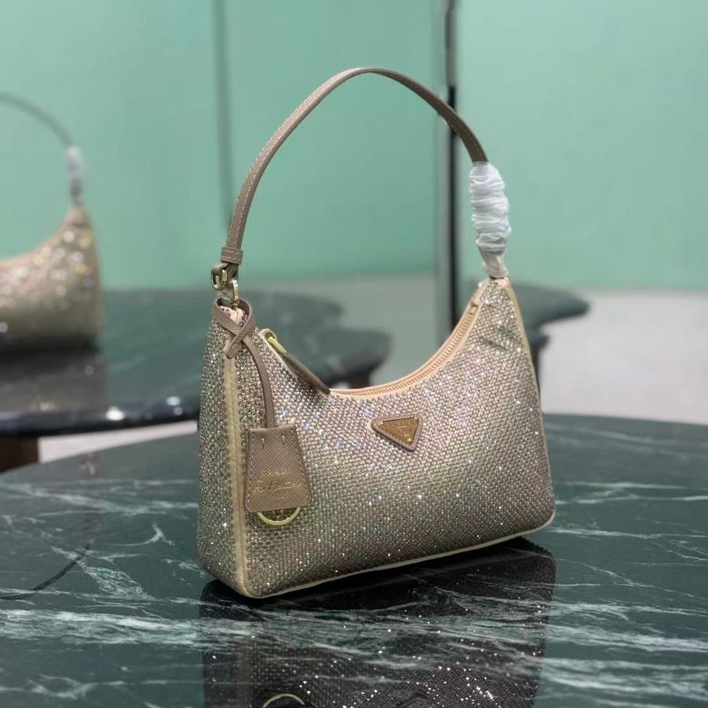 PRADA RE-EDITION 22 BAG IN BEIGE STUDDED CRYSTAL