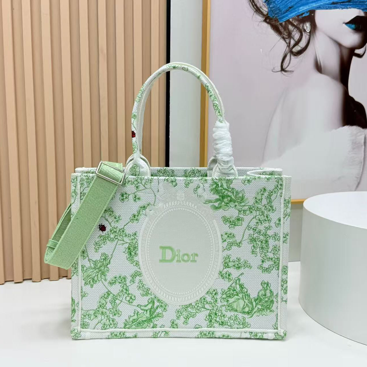 DIOR BOOK TOTE 36 IN GREEN MULTICOLOR TOILE DE JOUY CLOVER EMBROIDERY