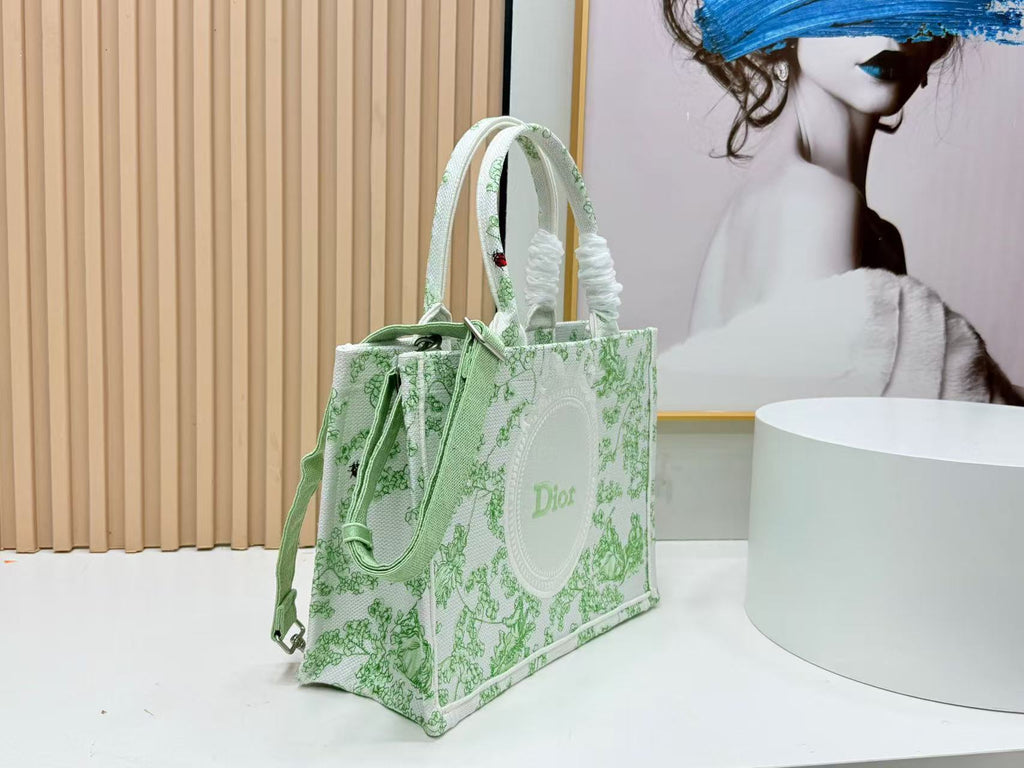 DIOR BOOK TOTE 36 IN GREEN MULTICOLOR TOILE DE JOUY CLOVER EMBROIDERY