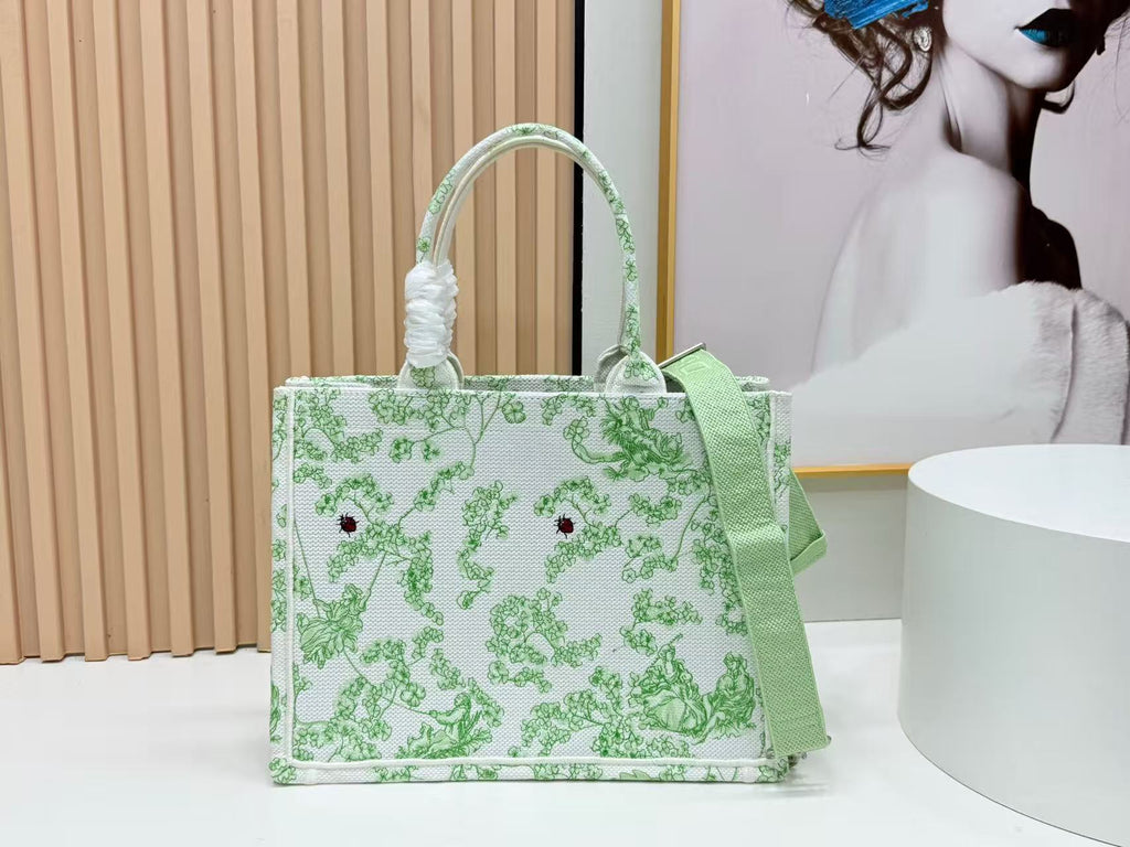 DIOR BOOK TOTE 36 IN GREEN MULTICOLOR TOILE DE JOUY CLOVER EMBROIDERY