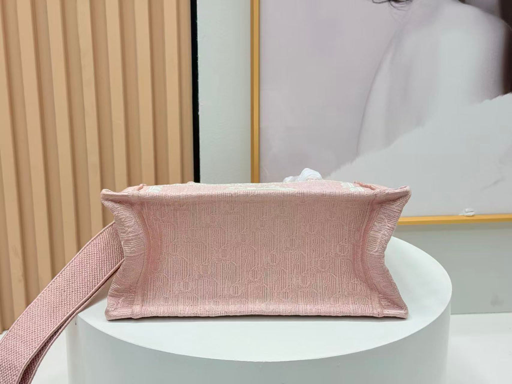 DIOR BOOK TOTE BAG 36 IN PINK COLORWAY WITH AN OVAL EMBROIDERED LOGO EMBLEM
