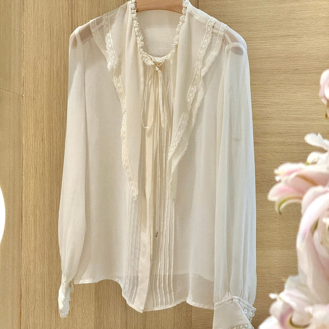 CHLOE RUFFLED LACE-TRIMMED COLLAR SILK-CHIFFON BLOUSE IN WHITE