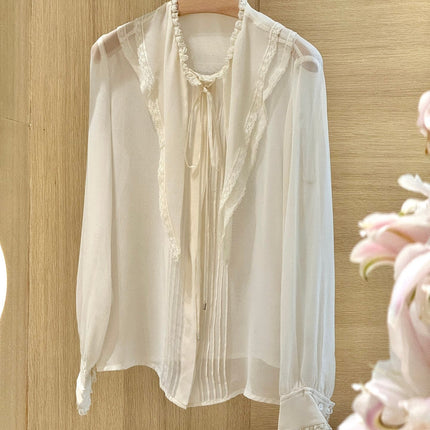 CHLOE RUFFLED LACE-TRIMMED COLLAR SILK-CHIFFON BLOUSE IN WHITE