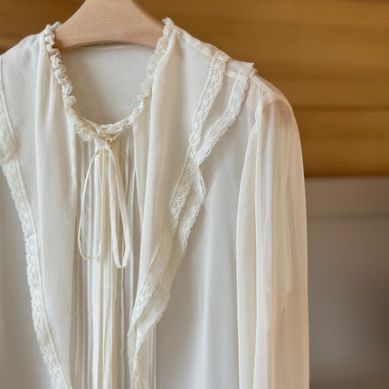 CHLOE RUFFLED LACE-TRIMMED COLLAR SILK-CHIFFON BLOUSE IN WHITE