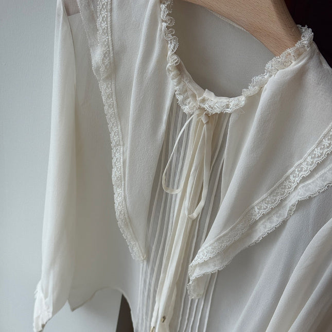 CHLOE RUFFLED LACE-TRIMMED COLLAR SILK-CHIFFON BLOUSE IN WHITE