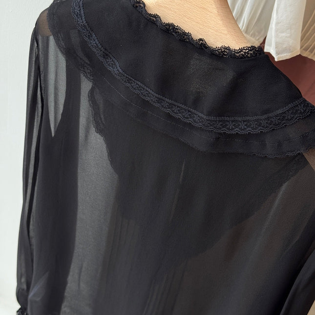 CHLOE RUFFLED LACE-TRIMMED COLLAR SILK-CHIFFON BLOUSE IN BLACK