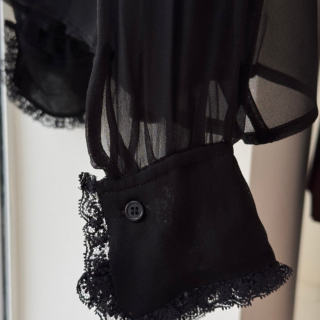 CHLOE RUFFLED LACE-TRIMMED COLLAR SILK-CHIFFON BLOUSE IN BLACK