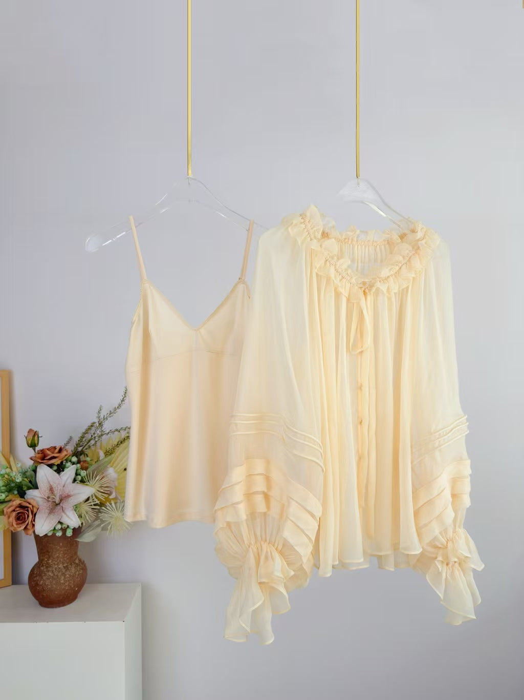 CHLOE TWO-PIECE SET OF RUFFLE-NECK BLOUSE AND CAMISOLE TOP