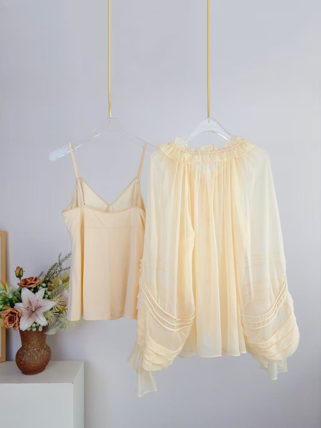 CHLOE TWO-PIECE SET OF RUFFLE-NECK BLOUSE AND CAMISOLE TOP