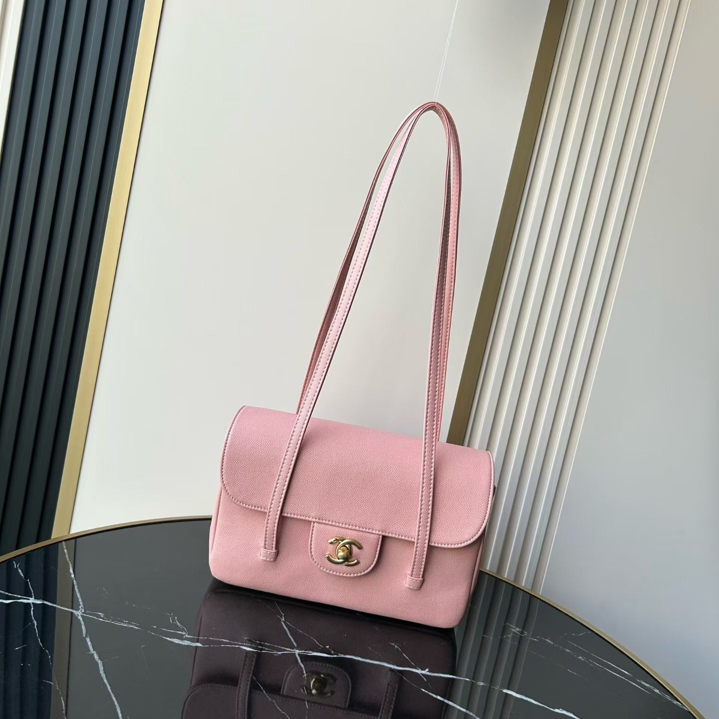 CHANEL SMALL FLAP BAG 22 IN PINK GRAINED CALFSKIN GOLD HARDWARE