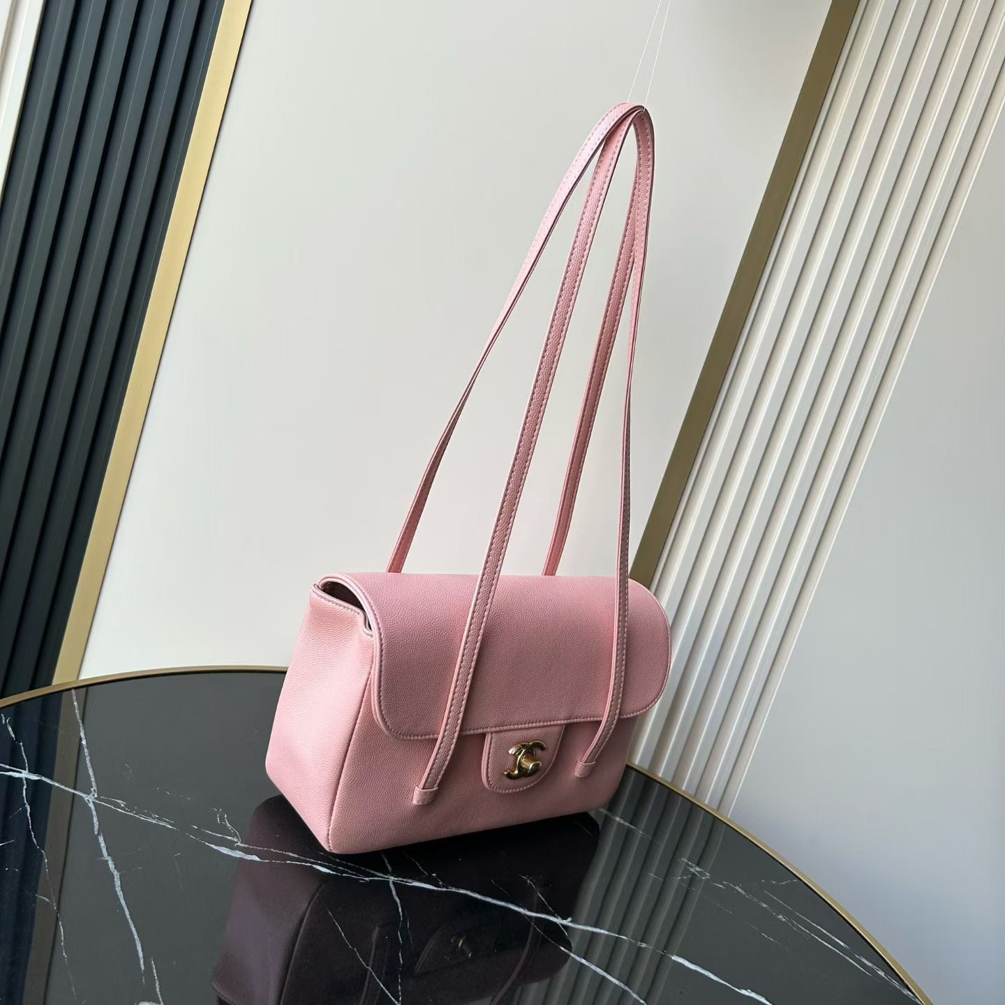 CHANEL SMALL FLAP BAG 22 IN PINK GRAINED CALFSKIN GOLD HARDWARE