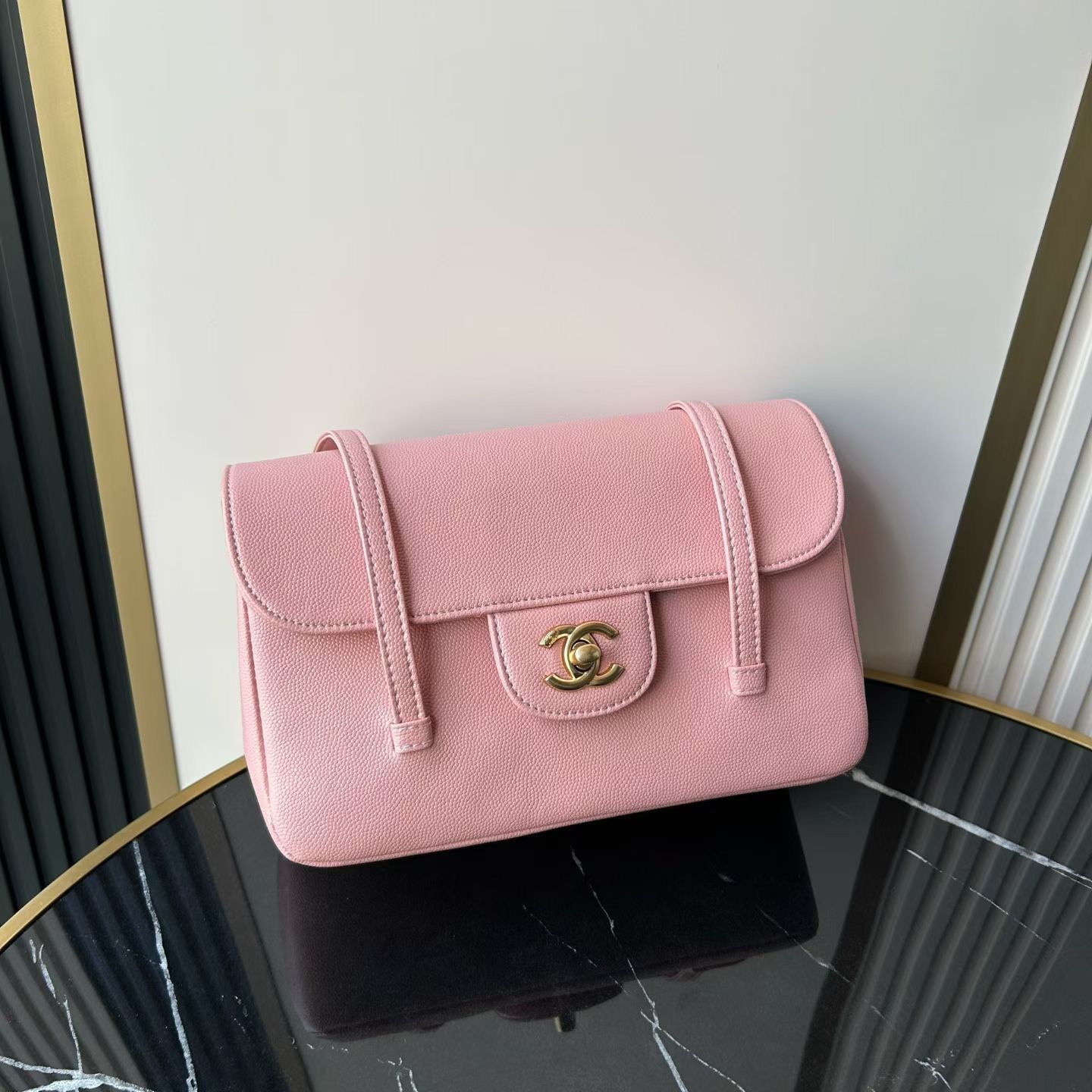CHANEL SMALL FLAP BAG 22 IN PINK GRAINED CALFSKIN GOLD HARDWARE