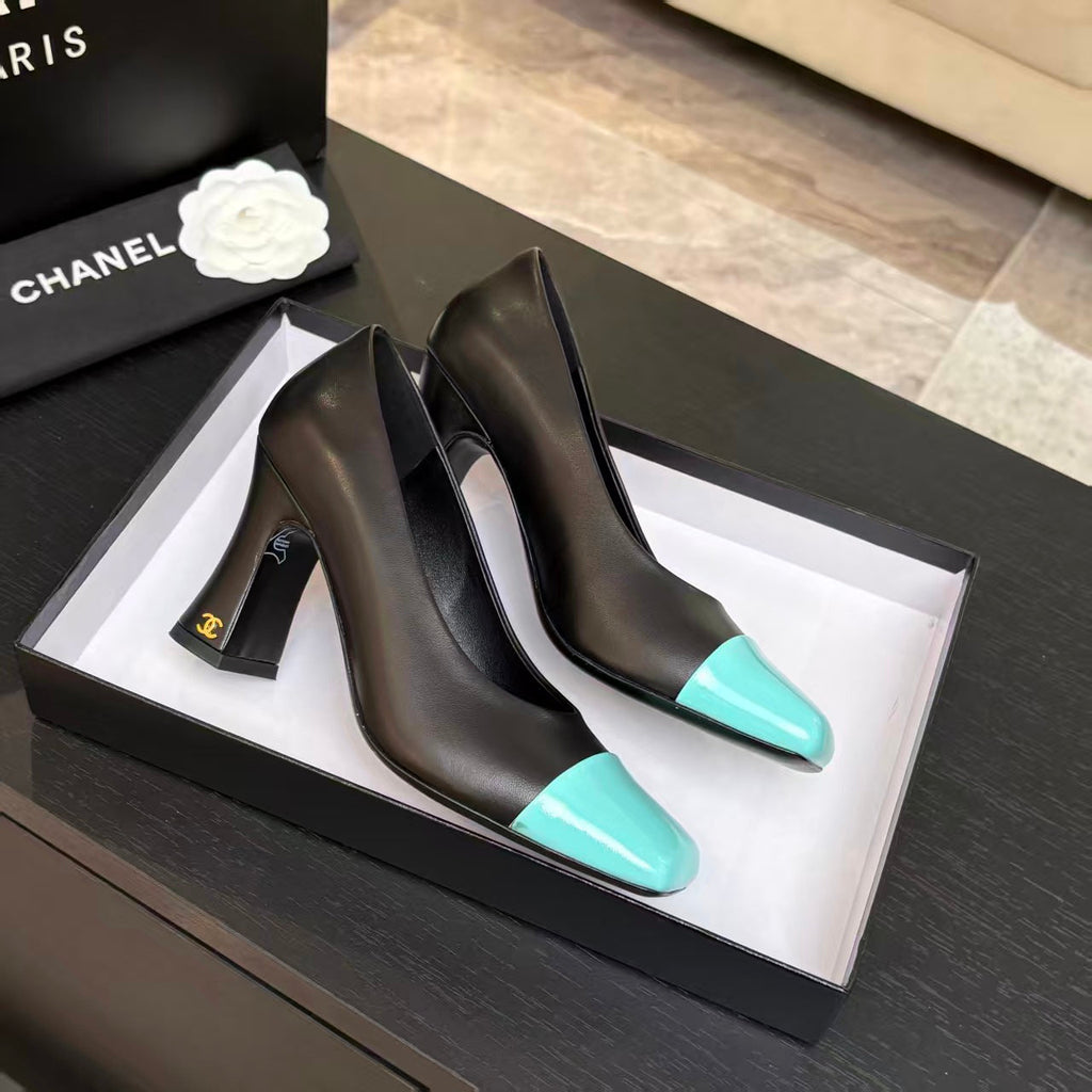 CHANEL SQUARE TOE SLINGBACK SHOES 90MM IN BLACK MIX GREEN CALFSKIN