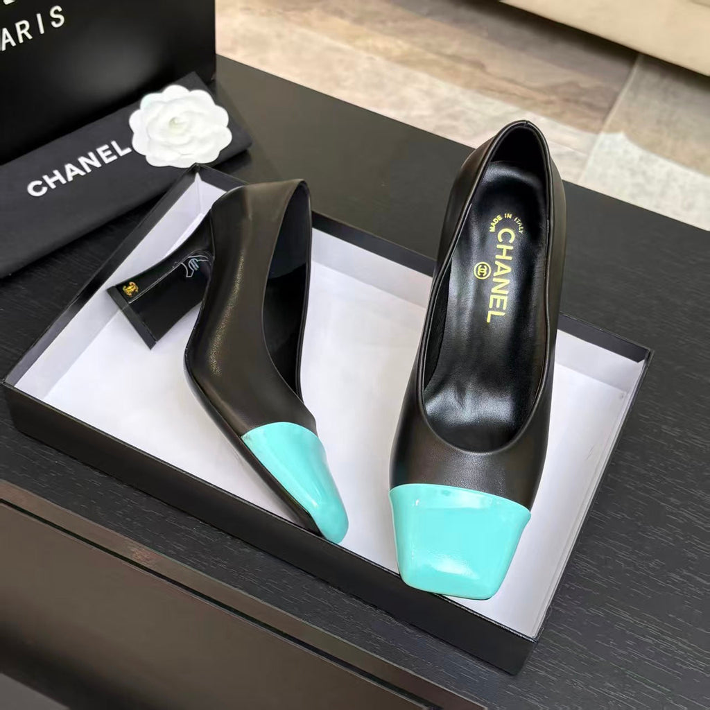 CHANEL SQUARE TOE SLINGBACK SHOES 90MM IN BLACK MIX GREEN CALFSKIN