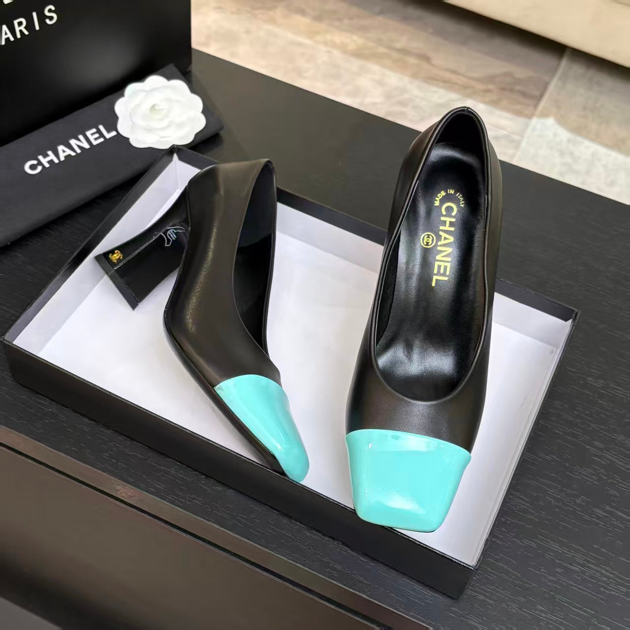 CHANEL SQUARE TOE SLINGBACK SHOES 90MM IN BLACK MIX GREEN CALFSKIN