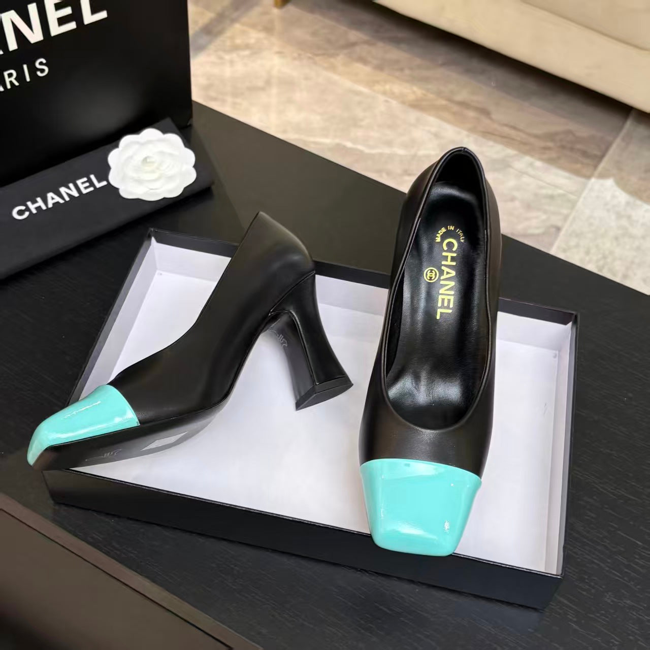 CHANEL SQUARE TOE SLINGBACK SHOES 90MM IN BLACK MIX GREEN CALFSKIN
