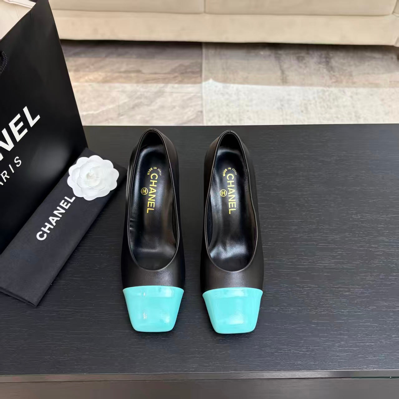 CHANEL SQUARE TOE SLINGBACK SHOES 90MM IN BLACK MIX GREEN CALFSKIN