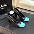 CHANEL SQUARE TOE SLINGBACK SHOES 90MM IN BLACK MIX GREEN CALFSKIN