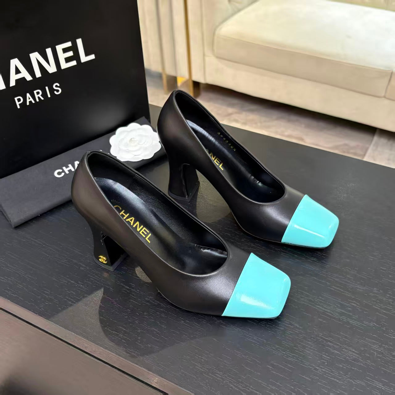 CHANEL SQUARE TOE SLINGBACK SHOES 90MM IN BLACK MIX GREEN CALFSKIN