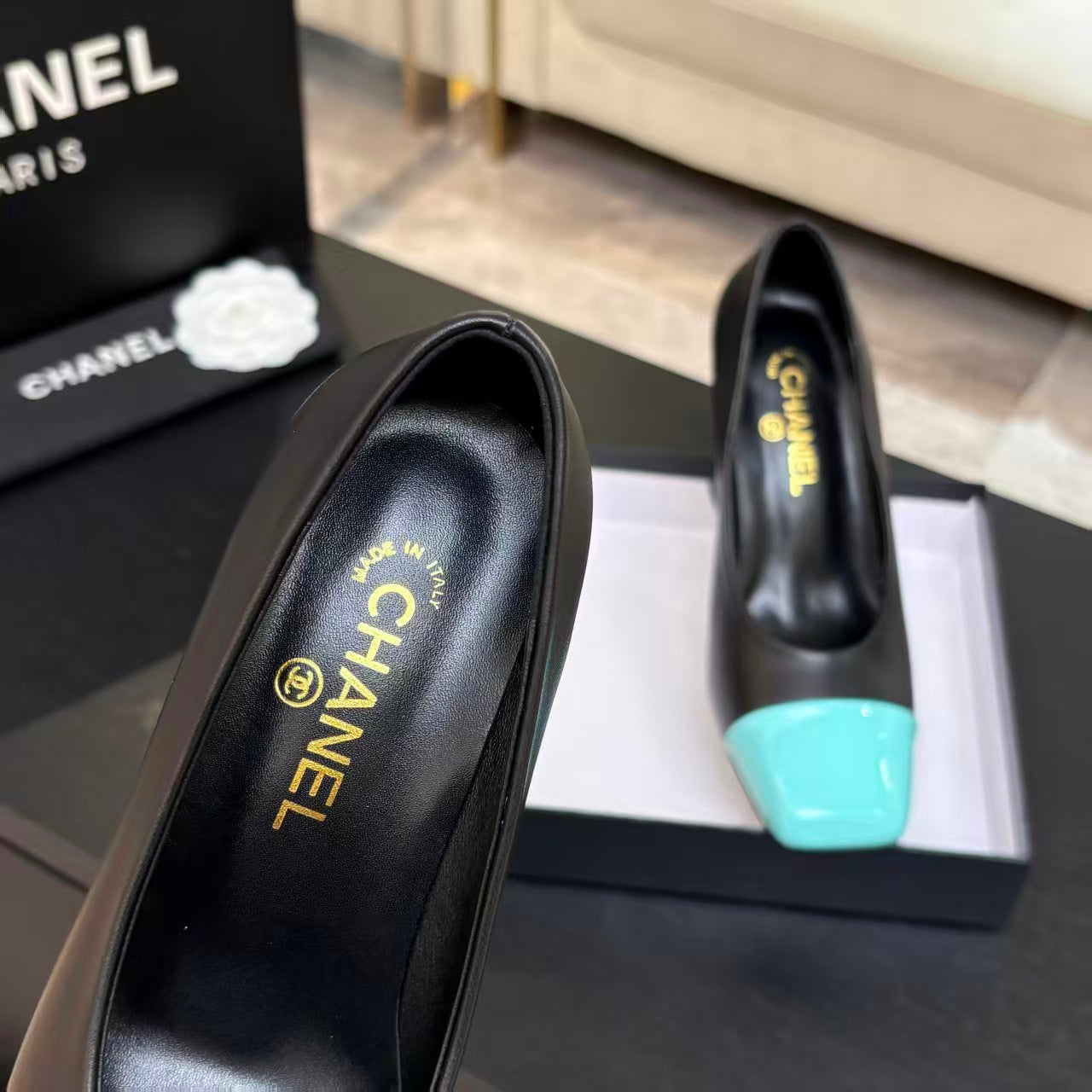 CHANEL SQUARE TOE SLINGBACK SHOES 90MM IN BLACK MIX GREEN CALFSKIN
