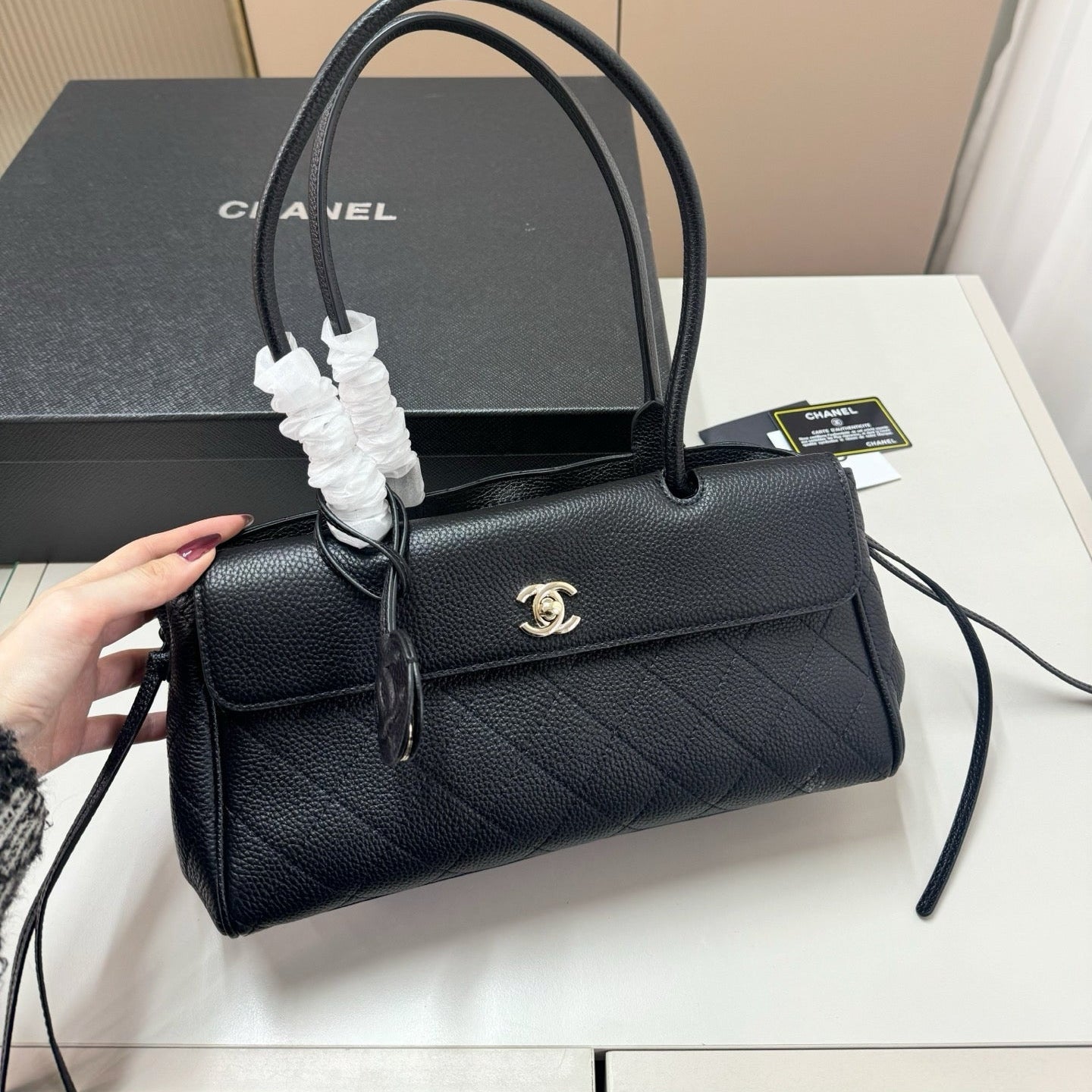 CHANEL QUILTED TOP HANDLE BAG 30 IN BLACK CALFSKIN GHW