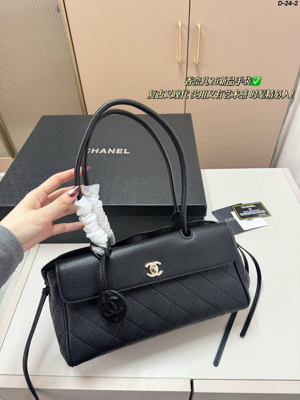 CHANEL QUILTED TOP HANDLE BAG 30 IN BLACK CALFSKIN GHW