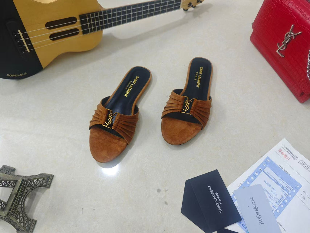 YSL BABYLONE SLIDES IN BROWN SUEDE GOLD HARDWARE