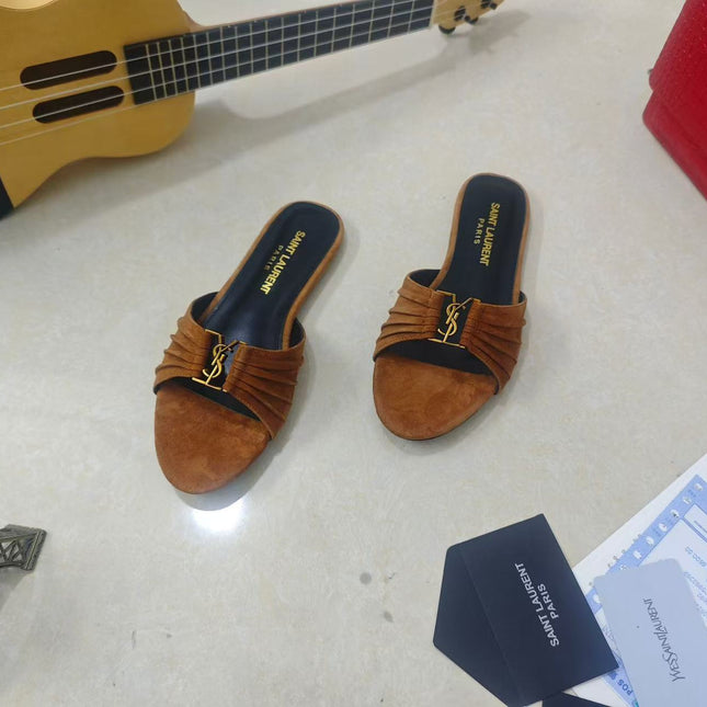 YSL BABYLONE SLIDES IN BROWN SUEDE GOLD HARDWARE