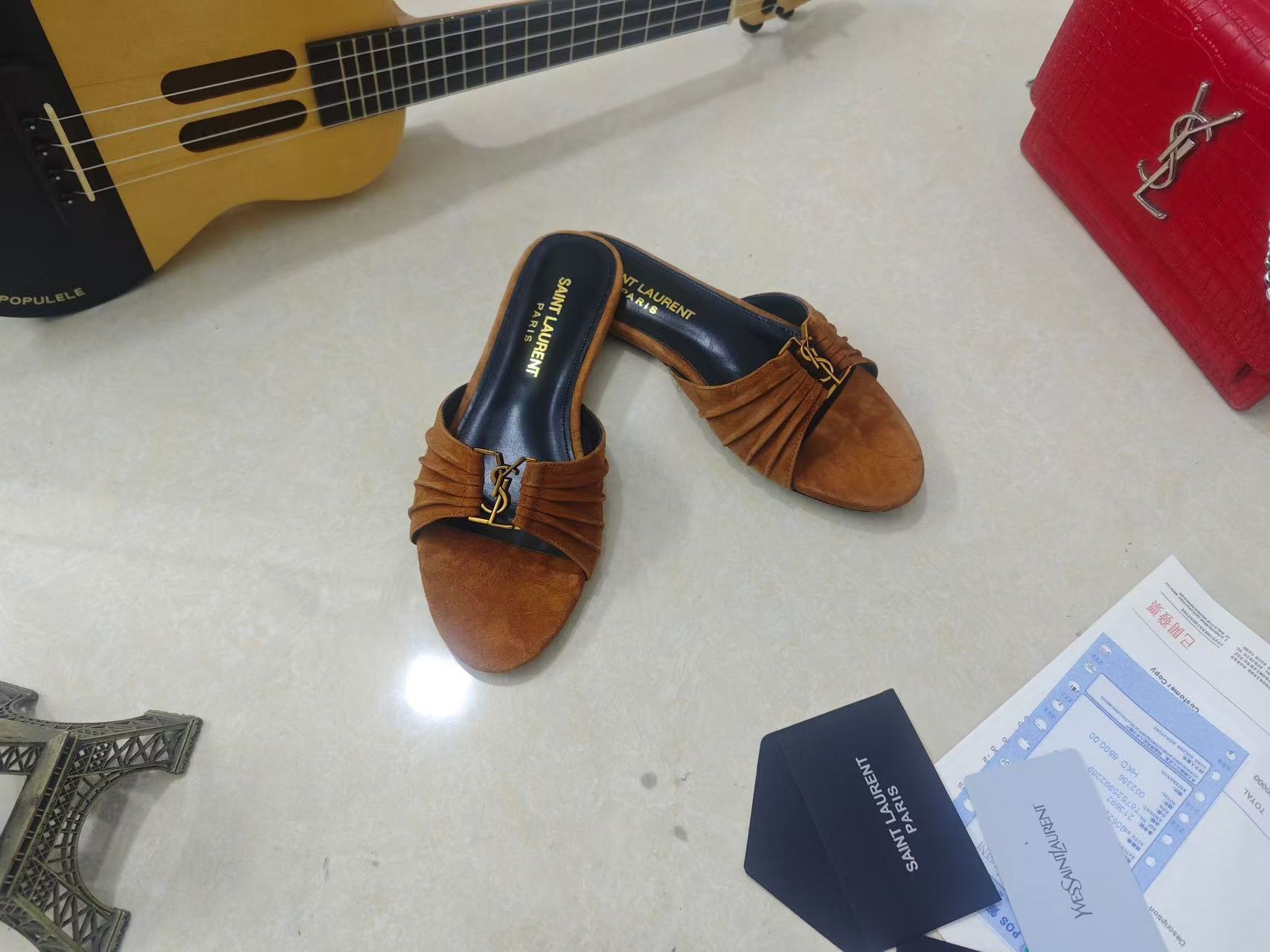 YSL BABYLONE SLIDES IN BROWN SUEDE GOLD HARDWARE