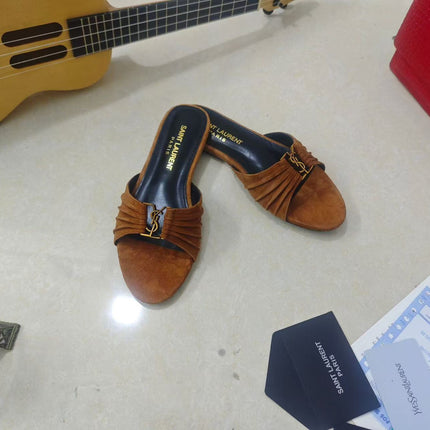 YSL BABYLONE SLIDES IN BROWN SUEDE GOLD HARDWARE