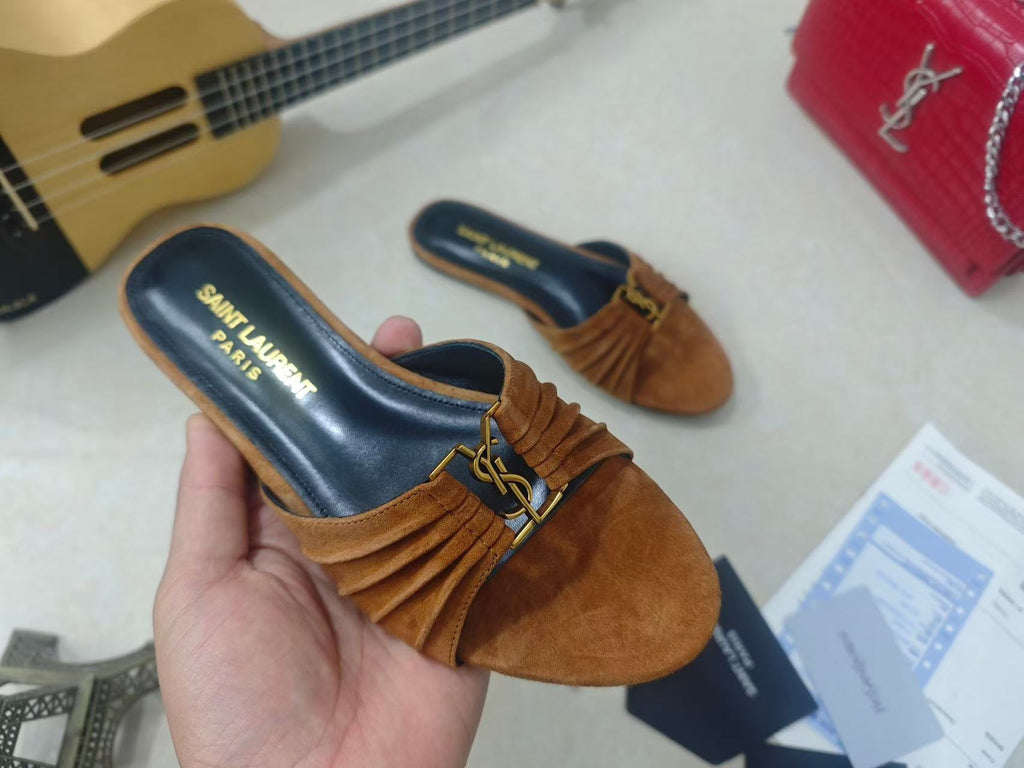 YSL BABYLONE SLIDES IN BROWN SUEDE GOLD HARDWARE